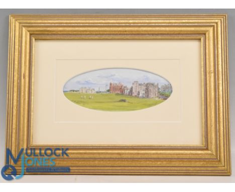 Bill K Waugh original golfing watercolour - titled St Andrews - oval miniature landscape golfing scene of the Old Course, R&a