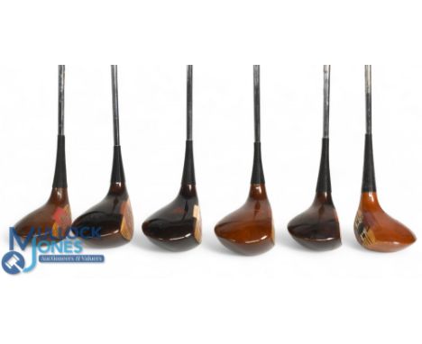 6x Various Persimmon Woods to incl Paul Gibson 5 wood in light stained persimmon, with fancy face insert and sole plate, Harr