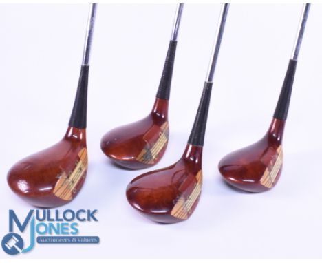 Jack Nicklaus Muirfield MacGregor light stained persimmon woods (4) features 1, 3, 4 and 5, with decorative face inserts, mak