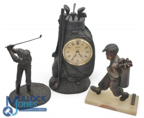 Modern Juliana Golf Bag Resin Clock: Battery operated Quartz 26cm high together with resin golf figure and Spelter Caddy with