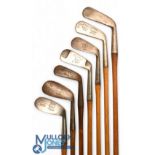 7x Assorted irons to incl The Master deep oval head 3 iron showing the Mitre brand, Charles Gadd '