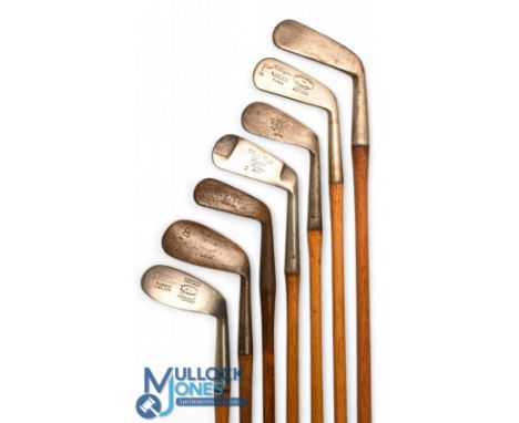 7x Assorted irons to incl The Master deep oval head 3 iron showing the Mitre brand, Charles Gadd 'Durexo' stainless deep muss