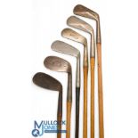 6x Assorted irons to incl unusual concentric back wide sole mashie stamped Blackheath Golf Co,