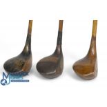 3x Socket neck woods to incl Simpson Gold Medal driver with brass backweight, Frank Bennett