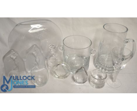 Selection of Golf related Glassware: To include very large tankard, large oval vase, 2 handled vase, twist stem glass, golf b