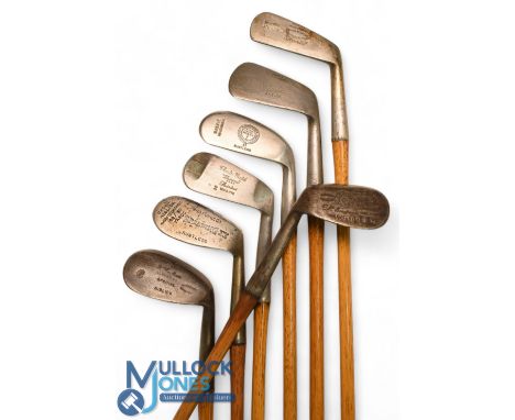 7x Various interesting irons incl Spalding hand forged mashie niblick, Cochrane niblick for W Smithson, rangefinder mashie wi