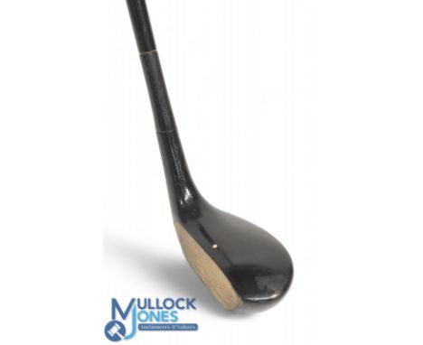 Left hand R Forgan St Andrews wooden mallet head putter with black dot crown aiming spot and central brass sole plate fitted 