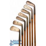 7x Various irons to incl R Forgan St Andrews crown model cleek, Mitre brand Cardinal jigger, Sammy