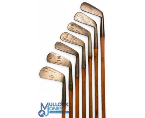 7x Various irons to incl R Forgan St Andrews crown model cleek, Mitre brand Cardinal jigger, Sammy showing the flag cleek mar