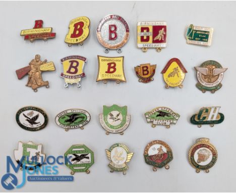 21x Vintage Speedway Enamel Motor Sport Badges - Birmingham Brummies x9, Cradley Heath x5 and Exeter Falcons x7, a good selec