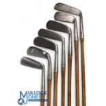 7x Assorted metal blade putters a wry neck musselback of Anderson of Anstruther, flanged sole