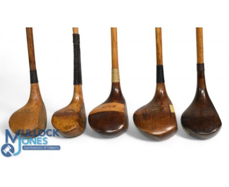 5x Assorted Woods - incl golden persimmon scare neck brassie stamped R Collins Redcar, large head stripe top D Anderson and S