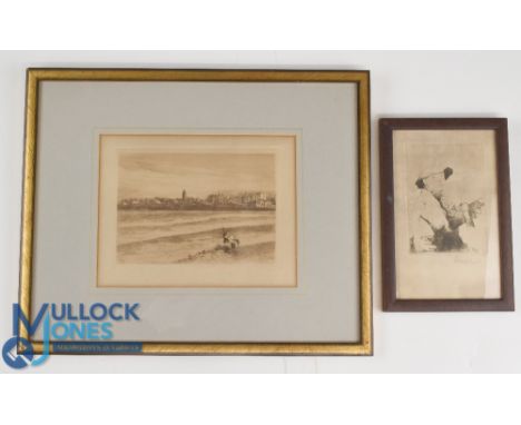 2x Golfing engraved pencil sketch prints - title 'St Andrew from The Links' by Cathy Dolson London from a photo' by Vallent -