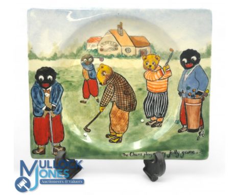 Joan Allen hand painted plate: Featuring Teddies playing golf with the motto The Chums Play a Very Jolly Game, 19 x 16cm sign