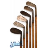 6x Interesting irons to incl very large head Cardinal dreadnought niblick for Jack Jarman showing