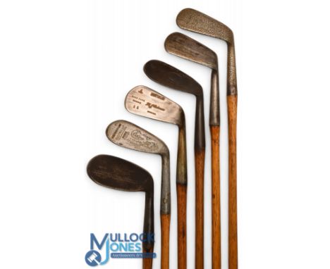 6x Interesting irons to incl very large head Cardinal dreadnought niblick for Jack Jarman showing the Mitre brand mark, deep 