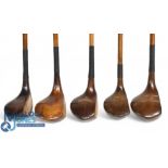5x Assorted socket neck woods a large head shallow face driver stamped Simpson St Andrews, brown