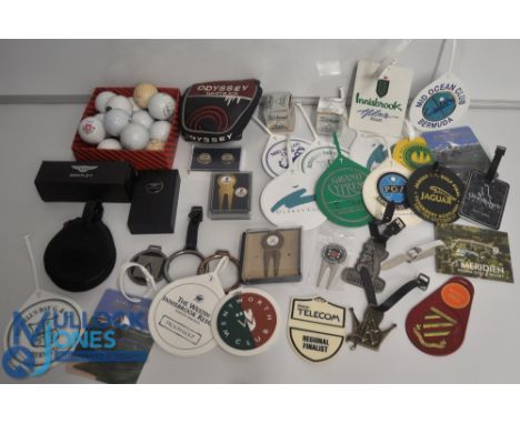 Collection of Golfing Memorabilia. To include Bentley Golf Classic Golf Balls, Divot tool, Bag tag with markers, tees togethe
