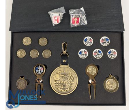 2010 Ryder Cup Celtic Manor Presentation Gift Set, a boxed set of tee markers, ball markers, divot repair tools, Ryder Cup ba