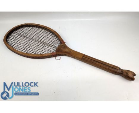 c1900 Wilkinson &amp; Casey the "Club" Fishtail Wooden Tennis Racket, convex throat with retailers mark Sailsbury in fair use
