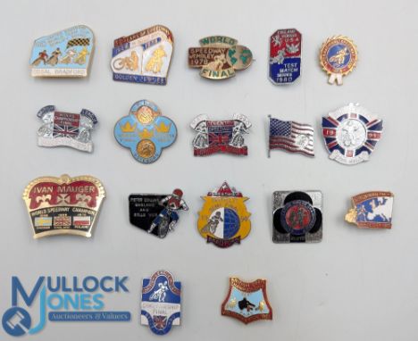 17x Vintage Speedway Motor Sport Enamel Badges, all are International Meets, with 6 made by Reeves, a good collection (17)