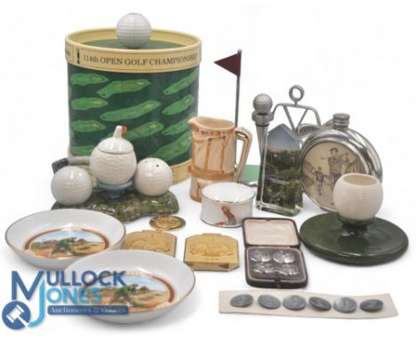 Golfing Collectable items. 114th Open Golf Championship Ice Bucket, Carlton Ware Match Striker / holder, Cruit Set, Flask, Ro