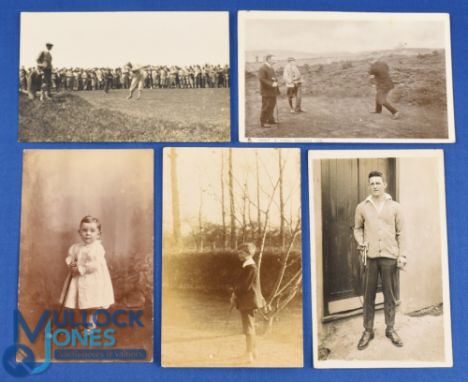 Interesting collection of early 20th c players and family portrait golfing postcards (5) to include golf tournament possibly 