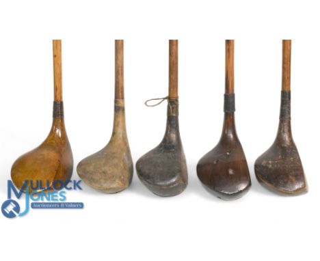 5x Various socket neck woods - a large head brassie stamped R Kelly Norwich in light stained persimmon, Gibson of Kinghorn sm