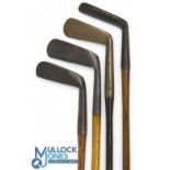 4x Various putters incl a shallow faced narrow mallet head stamped indistinctly with three crowns, a