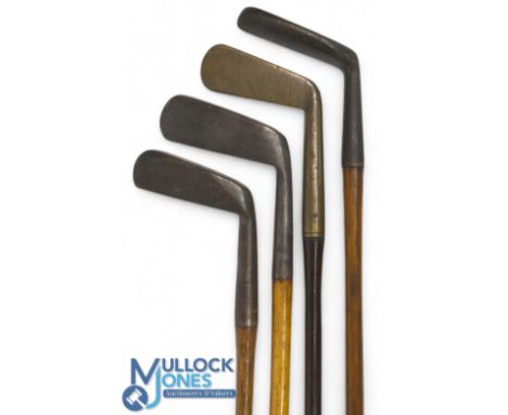 4x Various putters incl a shallow faced narrow mallet head stamped indistinctly with three crowns, a gutty period thick brass