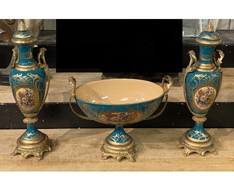 BRONZE &amp; PORCELAIN 3 PIECE SET - COMPORT AND GARNITURE 