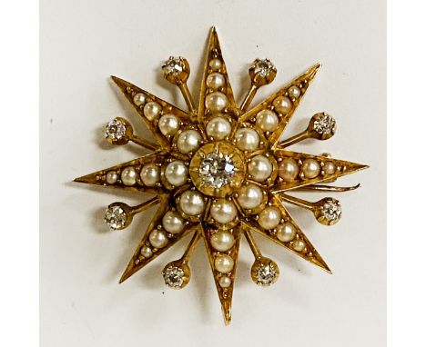 VINTAGE GOLD DIAMOND &amp; SEED PEARL STAR BROOCH TOTAL WEIGHT 8.9 GRAMS