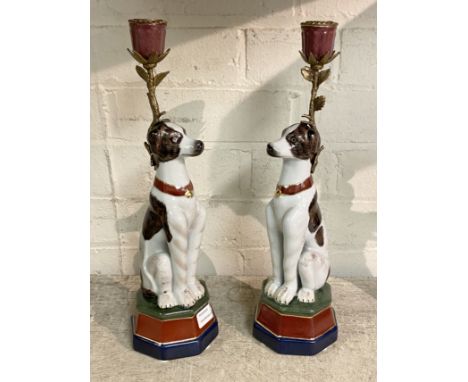 PAIR BRONZE &amp; PORCELAIN DOG CANDLESTICKS 34CMS APPROX 