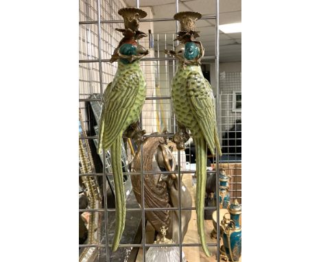 PAIR OF BRONZE &amp; PORCELAIN PARROT WALL CANDLE HOLDERS 47CMS  (H) APPROX