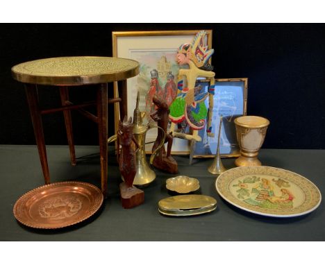 Middle Eastern- Wooden Wayang painted puppet, Islamic Brass Dallah coffee pot, inscription to base, 32cm, hammered copper pla