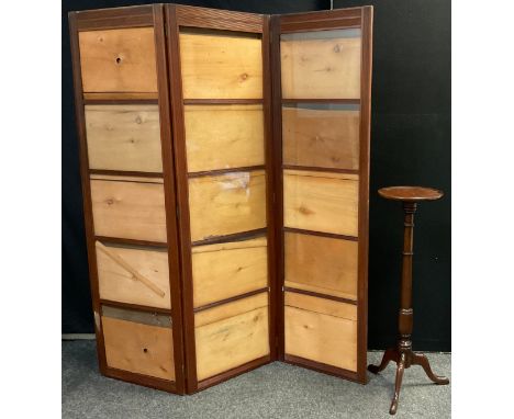 An Edwardian mahogany three-panel modesty screen, room-divider, 181cm high x 159cm wide;  a reproduction mahogany torchiere l