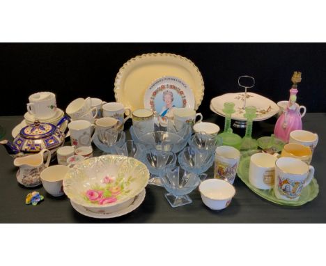 Ceramics - Commemorative and local interest cups,  art deco dressing table glass, others; Midwinter cake stand; etc 