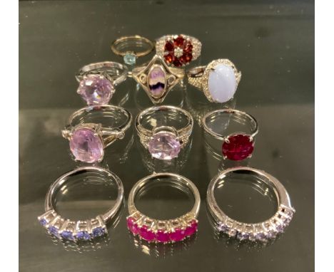 A 925 silver mounted blue john panel ring, London 2000; others garnet, pale amethyst, agate, Cz, Ruby etc, part marked TGGC 9