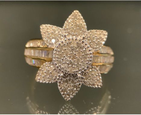 Gemporia - a Thomas Rae design diamond floral cluster ring pave set with round and baguette cut diamonds, 9ct gold shank, siz