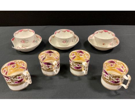 A trio of 18th century New Hall tea bowls and saucers, painted with floral swags and pink scales, all unmarked;  four Derby p