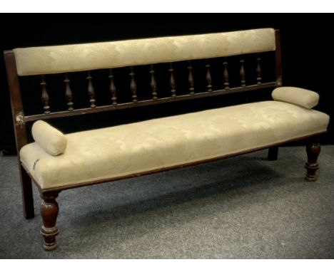 A Victorian mahogany Railway sofa, upholstered top rail with turned spindle supports to back, sprung seat, turned legs, 87cm 