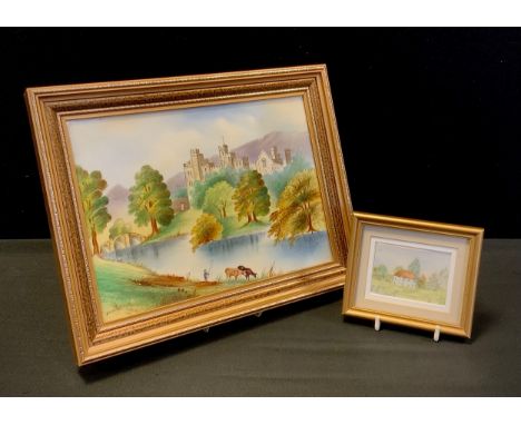 Pictures and Prints - J. Hancock, 'Haddon Hall', oil on ceramic, 18cm x 24 cm, another smaller (2) 