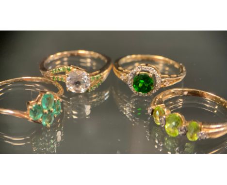 A 9ct gold peridot and zircon ring, 9ct gold shank, size M, 2.3g gross;  others garnet, emerald, Cz etc, all 9ct gold shanks,