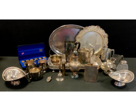 A silver plated three piece tea set, galleried tray, Epbm hip flask, salt pick, flatware. 