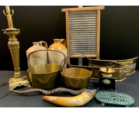 Boxes and Objects - Brass column lamp, 53cm high, jam pans, coffee grinder, washing board, stoneware Wiley and Co  Sheffield;