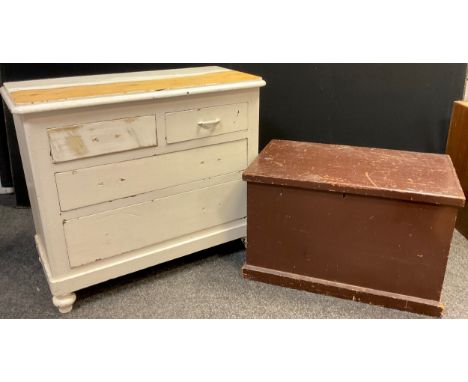 A Victorian white-painted pine chest of drawers, 82.5cm high x 98cm wide x 43.5cm deep;  a c.1900 pine tool chest, 49.5cm hig