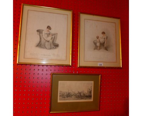 SOLD IN TIMED AUCTION A pair of glazed and framed Georgian prints and an etching (3)