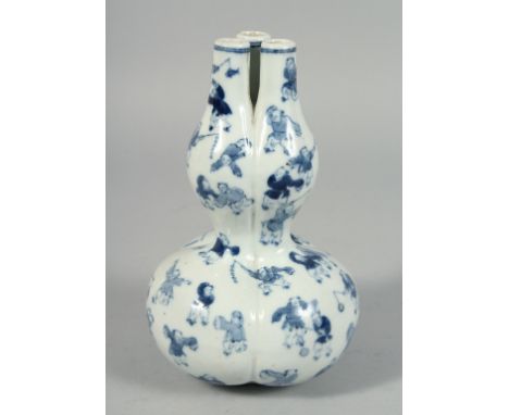 A CHINESE BLUE AND WHITE PORCELAIN DOUBLE GOURD TULIP VASE, decorated with boys playing, the vase with three neck openings, b