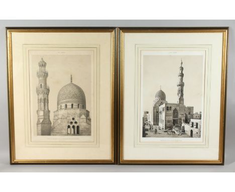 TWO LARGE ARAB ARCHITECTURAL PRINTS, each depicting a mosque, framed and glazed, both 77cm x 59.5cm overall, (2).