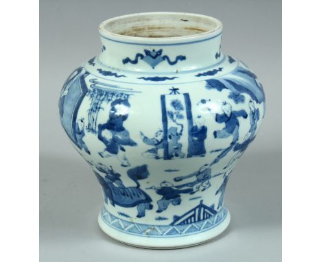 A CHINESE BLUE AND WHITE PORCELAIN VASE, the body decorated with boys playing in a garden, 21cm high.